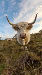  A white highland cow with long horns stands proudly in scottish hills
