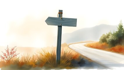 Blank arrow road signpost on roadside Guidepost Direction Sign Directional Warning Post Caution Highway Navigation watercolor illustration
