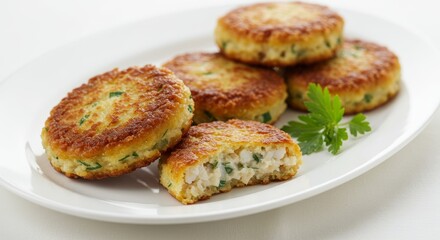 Delicious Golden Brown Fish Cakes with Herbs Close Up Food Photography