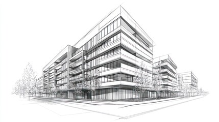 Architectural sketch of modern apartment complex