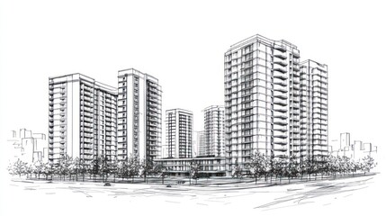 Fototapeta premium Urban sketch of high-rise buildings, urban landscape, architectural drawing