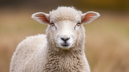 Obraz premium A close-up of a sheep with fluffy wool and a curious expression in a natural setting.