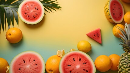 A vibrant flat lay of various tropical fruits including watermelon slices, whole oranges, lemons, and a pineapple, arranged on a split yellow and teal background with palm leaves.