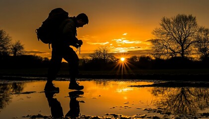 Silhouette of Hiker at Sunset Reflecting on Water Puddle