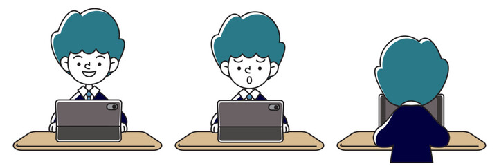 タブレット学習をする人物（制服・スーツ）のいろいろな表情パターンのベクターイラストセット