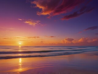 Obraz premium A stunning sunset seascape with vibrant orange and purple hues painting the sky, reflecting on the wet sandy beach and gentle waves rolling towards the shore.