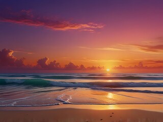 Fototapeta premium A stunning sunset seascape with vibrant orange and purple hues painting the sky, reflecting on the wet sandy beach and gentle waves rolling towards the shore.