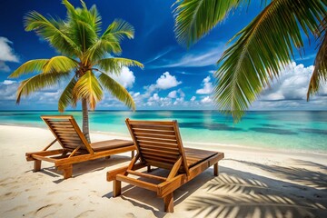 Relaxing Tropical Beach Scene: Wooden Loungers Under Palm Trees