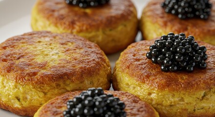 Gourmet Delicate Pancakes Topped with Black Caviar Close Up Food Photography