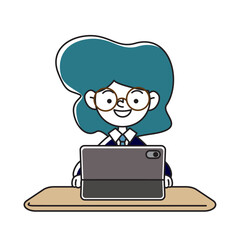 タブレット端末で学習をする笑顔の子供のベクターイラスト