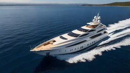 Fototapeta premium Short Description: An aerial shot of a luxurious white yacht cruising through deep blue waters, leaving a white wake behind, with a distant coastline visible.