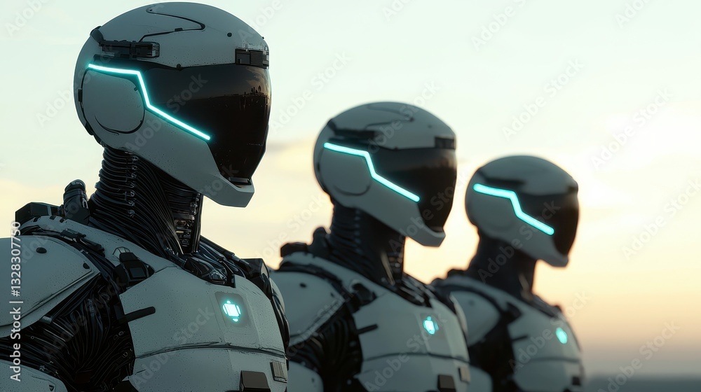 Poster Three futuristic robots stand in a row against a sunset backdrop, showcasing advanced technology and sleek designs.