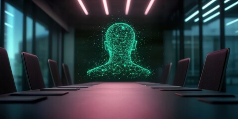 A futuristic conference room featuring a glowing digital head silhouette, symbolizing AI and technology in communication.