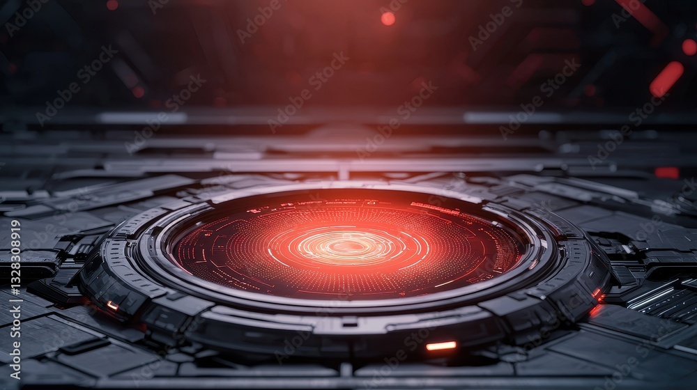 Poster a futuristic, glowing red orb sits at the center of a dark, technologically advanced environment, ex