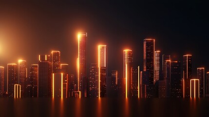 A futuristic skyline illuminated by glowing lights, set against a dark background, conveying a sense of urban vibrancy and modernity.