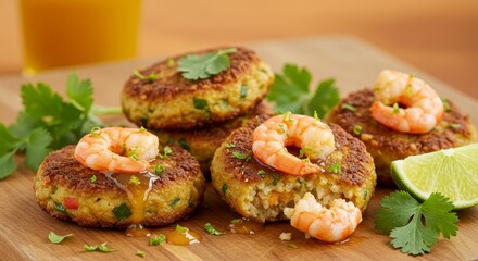 Fototapeta premium Delicious Shrimp Cakes with Cilantro Lime and Sweet Sauce Appetizer Food Photography