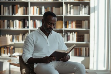 Man Reading Book in Library Peaceful Serene Atmosphere Home Relaxation calm books quiet study adult 
