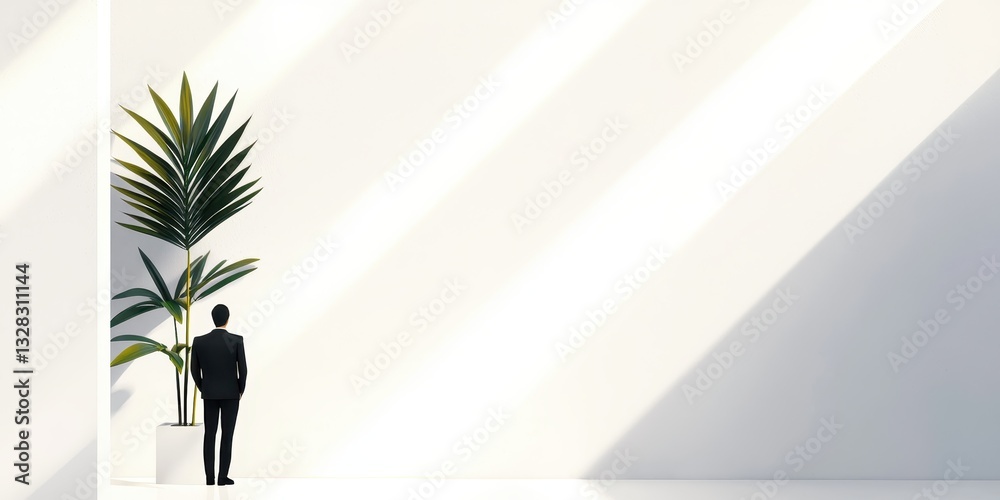 Poster A solitary figure stands before a large plant in a minimalist space, illuminated by soft rays of light, evoking a sense of tranquility and reflection.