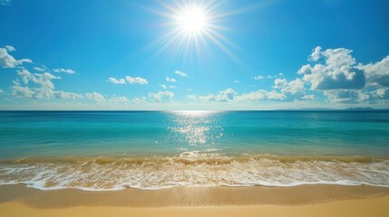 perfect summer day at the beach with golden sand, sparkling turquoise waters, and a blazing sun overhead.