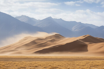 sunset in the desert with sand landscape mountains in the background 