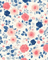 Seamless pattern of pink, coral and navy blue roses and leaves on a cream background.