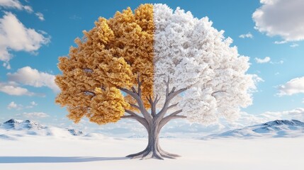 Obraz premium Golden and White Winter Tree in Snowy Landscape