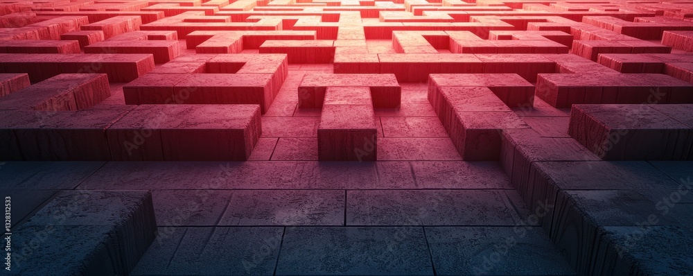 Aufkleber A close-up view of a complex maze structure, illuminated with a striking red light, creating a dramatic and mysterious atmosphere.