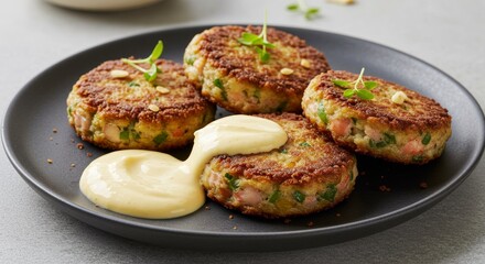 Delicious Crispy Fried Fish Cakes with Creamy Sauce on Dark Plate