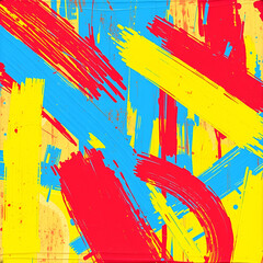  background with rough, thick brushstrokes in vibrant red, blue, and yellow acrylic paint