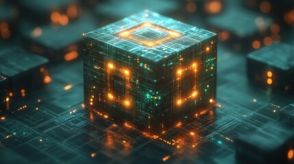 Obraz premium Futuristic glowing cube on circuit board