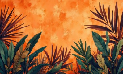 Tropical foliage on orange backdrop