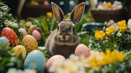 A cute rabbit surrounded by colorful Easter eggs and blooming flowers in a festive setting.