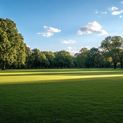 Obraz premium Lush green park with trees under blue sky in daytime