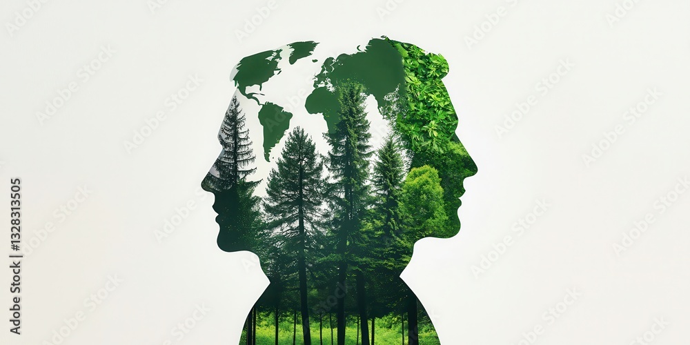 Poster A creative double exposure image featuring silhouettes of faces intertwined with trees and a world map, symbolizing the connection between humans and nature.