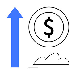 Blue arrow pointing up next to dollar sign coin above a cloud line. Ideal for finance, investment, success, progress, economy, wealth, business vision. A flat simple metaphor