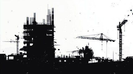 Silhouette of a construction site; cranes, unfinished building. Possible use Stock photo for architecture, construction, industry