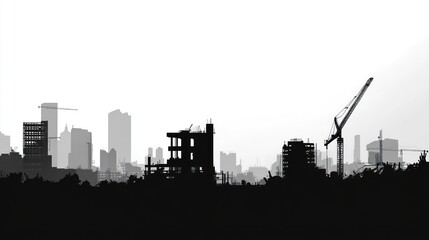 Obraz premium Cityscape under construction, cranes, buildings, urban development, black and white, silhouette