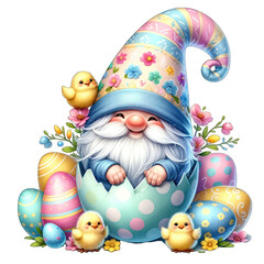Adorable Easter Gnome in Cracked Eggshell with Colorful Decorated Eggs and Cute Yellow Chicks, Festive Spring Holiday Decoration, Illustration for Greeting Cards, Nursery Art, Children's Books
