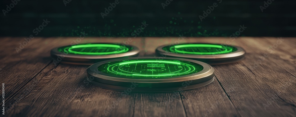Poster three glowing green tokens are arranged on a wooden surface, creating a vibrant contrast against a d