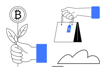 Hand holding a plant with bitcoin, hand with shopping bag showing discount tag, cloud symbol. Ideal for finance, cryptocurrency, shopping, sustainability, discounts, digital usage flat simple