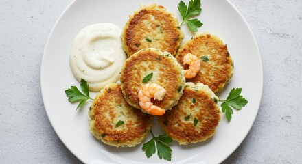 Delicious golden brown shrimp and rice cakes served with creamy sauce garnished with fresh parsley