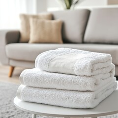A close-up view of a neatly arranged stack of soft, colorful towels resting on a rustic wooden table in a cozy living room, with warm lighting enhancing the inviting atmosphere.