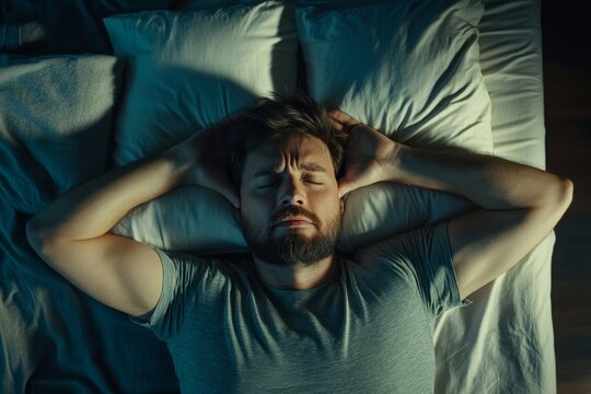 Man Lying in Bed Unable to Sleep Insomnia Night Restless Sad Dark Male Tired Adult Human Relax Dream
