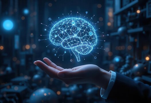 Businessman holding a holographic digital brain