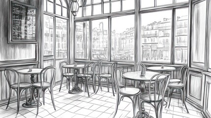 Interior cafe, city view, sketch, casual dining, artistic style, stock photo