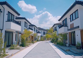 Modern Residential Area Featuring Contemporary Homes Surrounded by Lush Greenery and Bright Blue Sky in a Serene Urban Landscape