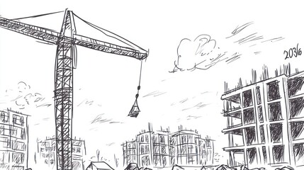 Obraz premium Construction Crane over Building Site Drawing