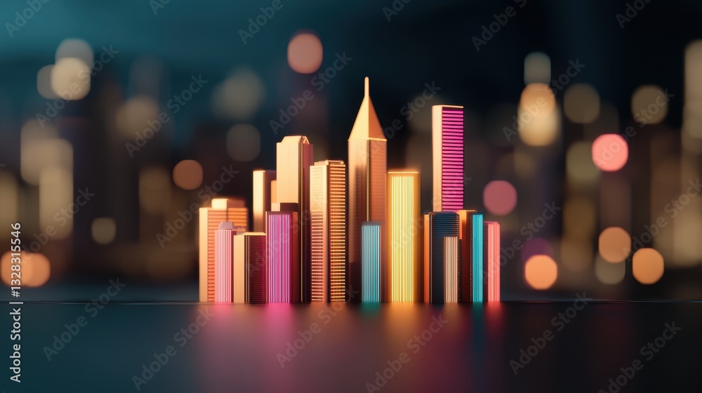 Aufkleber a vibrant city skyline model with colorful buildings, illuminated against a blurred backdrop, repres