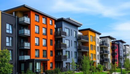 Naklejka premium Modern Residential Building Facade with Colorful Balconies Against Clear Blue Sky in Urban Neighborhood