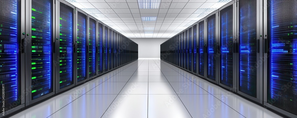Poster a modern data center featuring rows of servers with blue and green lights, reflecting an advanced te